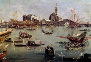 The Doge on the Bucentaurus (Bucentoro) in San Nicolo from Lido to Venice، Ascension Day لوحة لفرانشيسكو غواردي (1712-1793) القرن الثامن عشر ، باريس ، متحف اللوفر. بواسطة فرانشيسكو غواردي