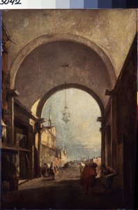 منظر لمدينة البندقية (إطلالة على المدينة). لوحة لفرانشيسكو غواردي (1712-1793) ، حوالي 1770. زيت على خشب. أسلوب الروكوكو فن البندقية. متحف هيرميتاج سانت بطرسبرغ. بواسطة فرانشيسكو غواردي
