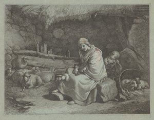 الجزء الداخلي من إسطبل مع غزال جالس وطفل نائم ، 17591782. بواسطة فرانشيسكو لندنيو