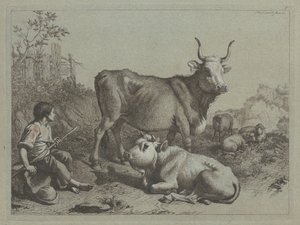راعي جالس مع ثور وثور 1763. بواسطة فرانشيسكو لندنيو