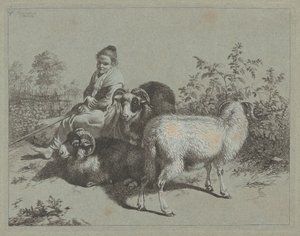 راعية جالسة مع ثلاثة كباش 1762. بواسطة فرانشيسكو لندنيو