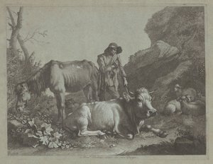 الراعي يستريح على عصا المشي مع حصان قديم وثور مستلقي ، بعد عام 1767. بواسطة فرانشيسكو لندنيو