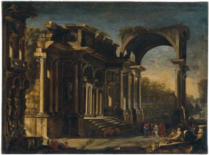 Capriccio مع الآثار الرومانية والمسيح مع امرأة مأخوذة في الزنا بواسطة فرانشيسكو ماجليولي