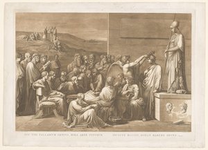 Allegorische verheerlijking van de boekdrukker جيوفاني باتيستا بودوني عبقري البلاديوم ، فن الأنواع الرائع / بودوني الشهير ، يمنحك شرف الحصول على (العنوان على الشيء)