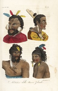 صور شخصية لمحاربي الماوري ونيوزيلندا رجال وفتيان مع وشم على الوجه وريش في شعرهم. لوح نحاسي ملون يدويًا محفور بواسطة فرانشيسكو روزاسبينا على اسم ويليام هودجز وبيرون من أزياء جوليو فيراريو القديمة والحديثة لكل الناس