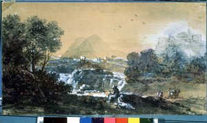 منظر طبيعي مع شلال. رسم فرانشيسكو زوكاريلي (1702-1788). لوحة مائية وحبر على ورق