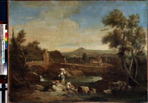 منظر طبيعي مع نهر. لوحة لفرانشيسكو زوكاريلي (1702-1788). زيت على قماش ، 81.5 × 119 سم. فن البندقية من القرن الثامن عشر. متحف هيرميتاج ، سانت بطرسبرغ.
