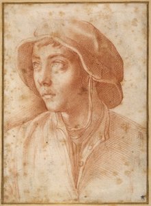 Bust portrait of a boy wearing a cap (red chalk on cream paper)