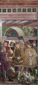 رمزية أبريل ، التفاصيل مع Borso d'Este مكافأة Scocola (1413-1471) تفاصيل - لوحة جدارية بقلم Francesco del Cossa (حوالي 1436 - حوالي 1478) Ferrara (Ferrara) Palazzo Schifanoia ، Hall of the Months بواسطة فرانشيسكو ديل كوسا