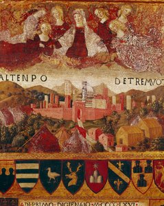 Ex voto (أو ex voto): "" مريم العذراء تحمي مدينة سيينا في وقت الزلازل التي وقعت في 1466-1467 "" التفاصيل. لوحة خشبية لفرانشيسكو دي جورجيو مارتيني (1439-1502) تزين Biccherna (غلاف السجل المحاسبي لمدينة Si