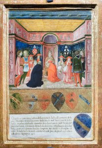 بيوس الثاني يعيّن الكاردينال ابن أخيه فرانشيسكو تيديشيني بيكولوميني، حوالي 1485-90 (تمبراً وذهب على لوحة)