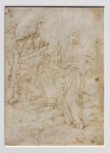 شاب في منظر طبيعي صخري، حوالي عام 1475-80 (قلم وحبر أسود وبني، مع آثار طرف معدني؟ على رق)