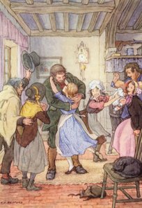 رسم توضيحي لكتاب "الصرصور على الموقد" لتشارلز ديكنز (طباعة حجرية ملونة) بواسطة فرانسيس دونكين بيدفورد