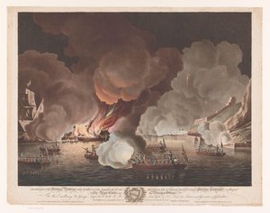 تدمير السفن قبالة جبل طارق في 14 سبتمبر 1782 تدمير البطاريات العائمة قبل جبل طارق ، 14 سبتمبر 1782 (...) (العنوان على الجسم)