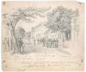 "الشارع الرئيسي ، هامبتون ، فيرجينيا ... مدفعية تحرس الشارع" حوالي عام 1860 (قلم رصاص على ورق) بواسطة فرانسيس شيل