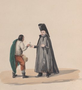 قانون يسلم صليبًا لرجل ، من مجموعة رسومات تصور زيًا بيروفيًا ، ١٨٤٨. بواسطة فرانسيسكو