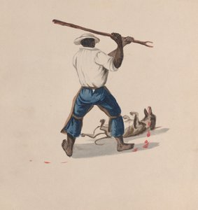 رجل ينظر من الخلف وهو يضرب كلبًا بعصا ، من مجموعة رسومات تصور ... ، حوالي عام. 1848 بواسطة فرانسيسكو