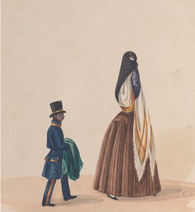 امرأة ترتدي ملابس أنيقة وصفحتها ، من مجموعة رسومات تصور بيرو ... ، كاليفورنيا. 1848. بواسطة فرانسيسكو