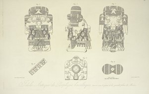 Aztec Idol of Basaltic Porphyry ، تم العثور عليه تحت Grand Plaza of Mexico City ، محفور بواسطة Cloquet ، رسم توضيحي من `` مناظر كورديليراس وآثار الشعوب الأصلية في أمريكا '' بقلم ألكسندر فون هومبولت وأيم بونبلاند بواسطة فرانسيسكو أغيرا بوستامانتي