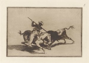 مورو جازول المفعم بالحيوية هو أول من ينطلق؟ الثيران بالترتيب (The Spirited Moor Gazul هو أول من استخدم Spear Bulls وفقًا للقواعد) ، اللوحة 5 من La tauromaquia بواسطة فرانسيسكو دي جويا