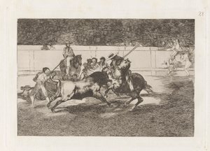 ريندون المجتهد يقطع ثورًا ، من حظه مات؟ en la plaza de Madrid (The Forceful Rendon Stabs a Bull with the Pique ، الذي توفي منه في حلبة مدريد) ، اللوحة 28 من La tauromaquia بواسطة فرانسيسكو دي جويا