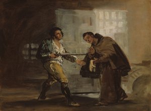 يقدم Friar Pedro الأحذية إلى El Maragato ويستعد لدفع بندقيته جانبًا ، ج. 1806. بواسطة فرانسيسكو دي جويا