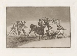 Palenque de los moros hecho con burros para defenseerse del toro embolado (يستخدم المورون الحمير كحاجز للدفاع عن أنفسهم ضد الثور الذي تم توجيه قرونه بالكرات) ، اللوحة 17 من La tauromaquia بواسطة فرانسيسكو دي جويا