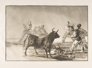 اللوحة 12 من Tauromaquia: الحشد يقرع الثور بالرماح ، المنجل ، العصابة ... ، 1816. بواسطة فرانسيسكو دي جويا
