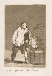 اللوحة 18 من 'Los Caprichos': ومنزله مشتعل بالنار Ysele quema la Casa.، 1799. بواسطة فرانسيسكو دي جويا