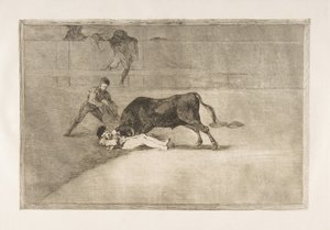 اللوحة 33 من Tauromaquia: موت بيبي إيلو المحظوظ في الحلقة في مدريد ، 1816. بواسطة فرانسيسكو دي جويا