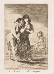 اللوحة 7 من "Los Caprichos": على الرغم من ذلك فهو لا يستطيع إخراجها من Ni asi la distingue. ، 1799. بواسطة فرانسيسكو دي جويا