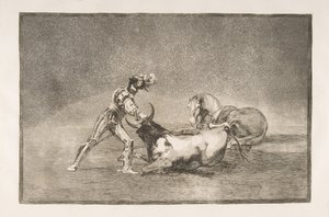 اللوحة 9 من Tauromaquia: فارس إسباني يقتل الثور بعد أن فقد حصانه. ، 1816. بواسطة فرانسيسكو دي جويا