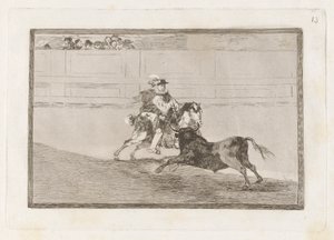 Un caballero espa؟ ol en plaza quebrando rejoncillos sin auxilio de los chulos (فارس مثبت في الخاتم يكسر الرماح القصيرة بدون مساعدة المساعدين) ، اللوحة 13 من La tauromaquia بواسطة فرانسيسكو دي جويا