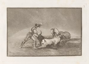 فارس إسباني يقتل الثور بعد أن فقد حصانه ، اللوحة 9 من La tauromaquia بواسطة Francisco de Goya