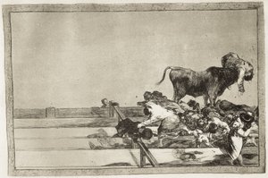GOYA Y LUCIENTES ، فرانسيسكو دي (1746-1828). أحداث مروعة في الصفوف الأمامية من الحلبة في مدريد ووفاة رئيس بلدية توريجون عام 1801. 1816. اللوحة 21 من "فن مصارعة الثيران". النقش. إسبانيا. مدريد (مجتمع مستقل). مدريد. وطني بواسطة فرانسيسكو خوسيه دي جويا إي لوسينتس