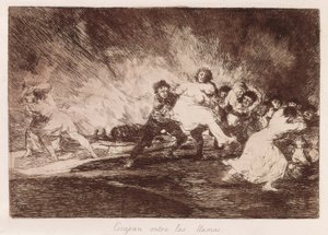 GOYA Y LUCIENTES ، فرانسيسكو دي (1746-1828). يهربون من خلال النيران. 1810-1812. (16.1 × 23.3 سم). اللوحة 47 من "كوارث الحرب". النقش. إسبانيا. مدريد (مجتمع مستقل). مدريد. مكتبة الوطنية