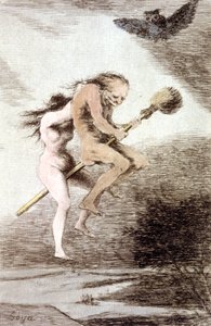 "ليندا مايستريا" السحرة على مكنسة ، ج. 1802 (نقش) بواسطة فرانسيسكو خوسيه دي جويا إي لوسينتس