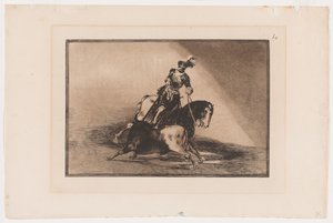 اللوحة 10 من La Tauromaquia: تشارلز الخامس سبرينغ ثورًا في الحلبة في بلد الوليد ، 1816 ، طُبع عام 1876 (حفر ونقش مائي على ورق مضغوط) بواسطة فرانسيسكو خوسيه دي جويا إي لوسينتس
