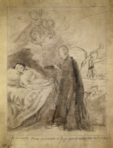 القديس فرانسوا (فرانسيس) بورجيا (1510-1578) بجوار سرير أحد المحتضر غير النائم. رسم عام 1788 رسمه فرانسيسكو دي جويا لوسينتس (1746-1828). رسم تخطيطي للوحة تحمل نفس العنوان بتكليف من عائلة أوسونا. متحف برادو ، مدريد. بواسطة فرانسيسكو خوسيه دي جويا إي لوسينتس