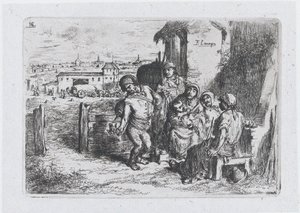 اللوحة 16: مجموعة من الناس في الخارج بينهم رجل سكب نبيذًا أو ماءًا من إناء ... ، 1850. بواسطة فرانسيسكو لامير بيرينغير