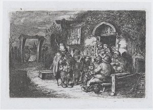 اللوحة 18: موسيقيو الشوارع وشخصيات أخرى خارج حانة ، من سلسلة الجمارك ... ، 1850. بواسطة فرانسيسكو لامير بيرينغير