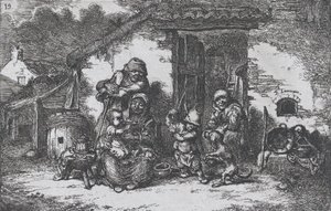 اللوحة 19: عائلة وصبي يلعبان مع كلب خارج منزل ، من سلسلة العادة ... ، 1850. بواسطة فرانسيسكو لامير بيرينغير