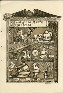 رسم توضيحي لفرانسيسكو سانشا لينغو (1874-1936) - ورقة طائرة ، حوالي عام 1915 - El mal que no se cura es la locura - حرب 14-18 ، ألمانيا بروسيا ، غاز Asphixiant ، اللغة الإسبانية ، الصحافة الأجنبية بواسطة فرانسيسكو سانشا إي لينغو