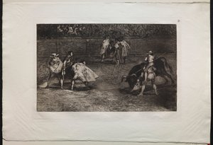 مصارعة الثيران: مصارع ثيران يُركب على أكتاف مساعد ، يرمي ثورًا بواسطة فرانسيسكو دي جويا