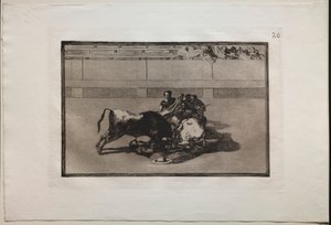 مصارعة الثيران: بيكادور غير مؤهل ويسقط تحت الثور ، 1876. بواسطة فرانسيسكو دي جويا