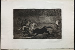 مصارعة الثيران: فارس إسباني مثبت يكسر الرماح القصيرة بمساعدة المساعدين ، 1876. بواسطة فرانسيسكو دي جويا