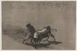 مصارعة الثيران: الطالب الماهر جدًا في الصقور ، ملفوفًا في رأسه ، يخدع الثور بلعب جسده بواسطة فرانسيسكو دي جويا