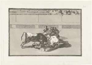 تم طرد بيكادور من على حصانه وهو يرقد تحت الثور Caida de un picador de su caballo debajo del toro La Tauromaquia (عنوان المسلسل) مصارعة الثيران (عنوان المسلسل) بواسطة فرانسيسكو دي جويا