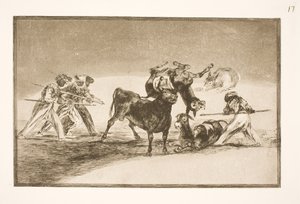 يستخدم المور الحمير كحاجز للدفاع عن أنفسهم ضد الثور ، الذي تم تجهيز قرونه بالرصاص بواسطة فرانسيسكو دي جويا