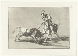 Rodrigo Díaz de Vivar verwondt een stier El Cid Campeador يرمي ثورًا آخر Stierenvechten (عنوان المسلسل) مصارعة الثيران (عنوان المسلسل) بواسطة فرانسيسكو دي جويا